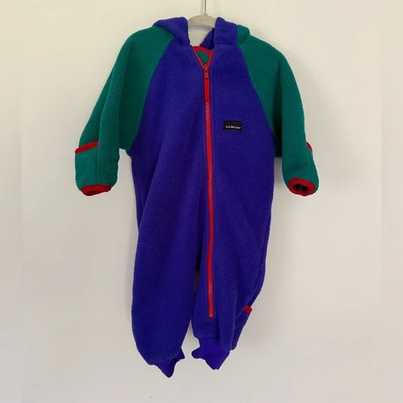 L.L. Bean Vintage Kids Fleece Bunting Toddlers 12M Green Blue Hood Color Block - Picture 1 of 7
